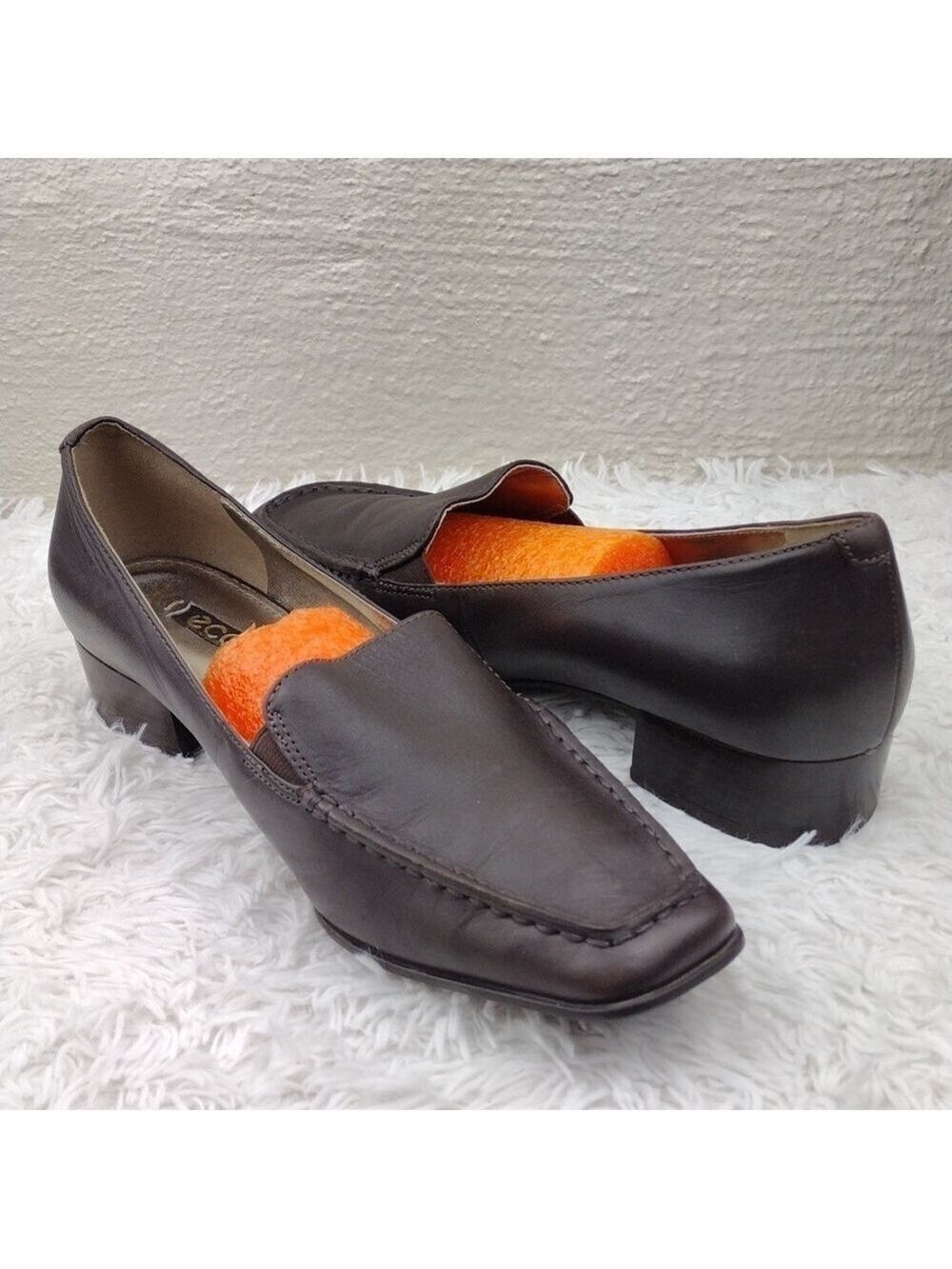 Ecco Dark Brown Leather Upper Square Toe Low Stacked Heel Slip On Loafer Shoe